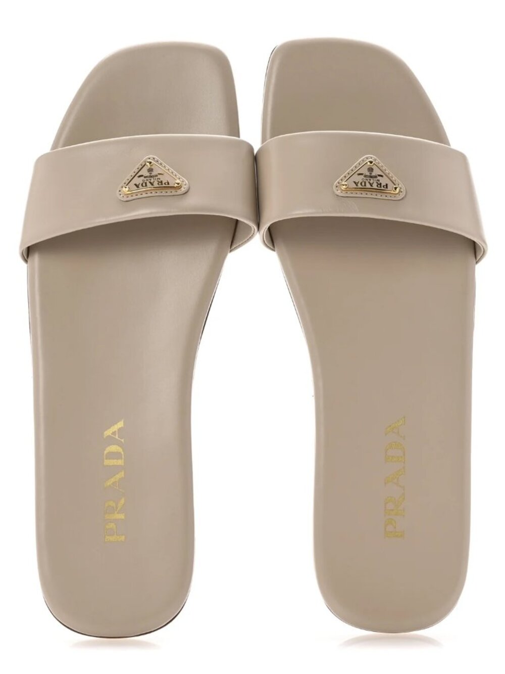 PRADA Triangle Logo Leather Flat Slide Sandals Shoes Travertine Beige